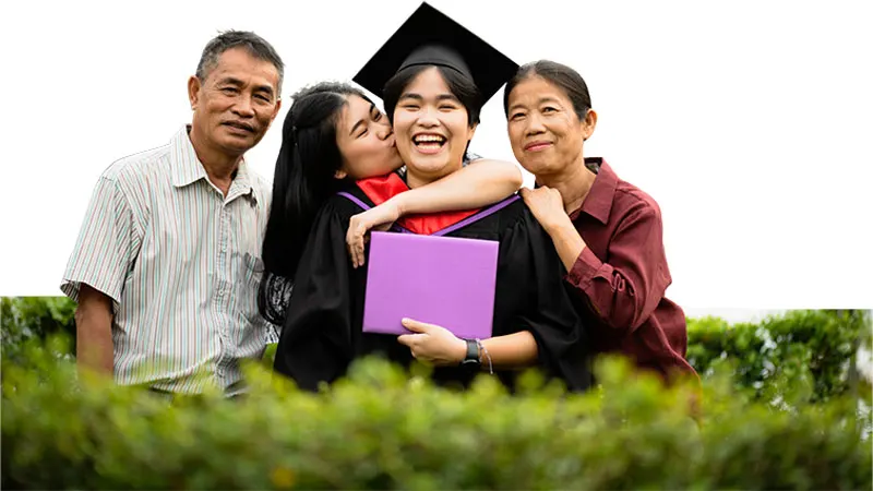 Proud parents and family celebrating a daughter graduation with Cocolife Flexi Scholar education insurance plan Philippines