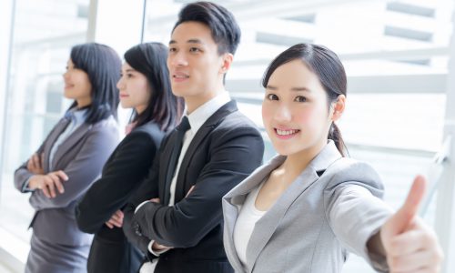 business team show thumb up Group of success business people team show thumb up in office, asian